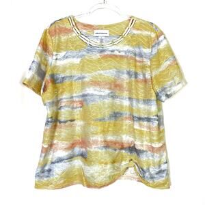 Alfred Dunner Charleston Short Sleeve Top Yellow Multi Textured Polyester Womens